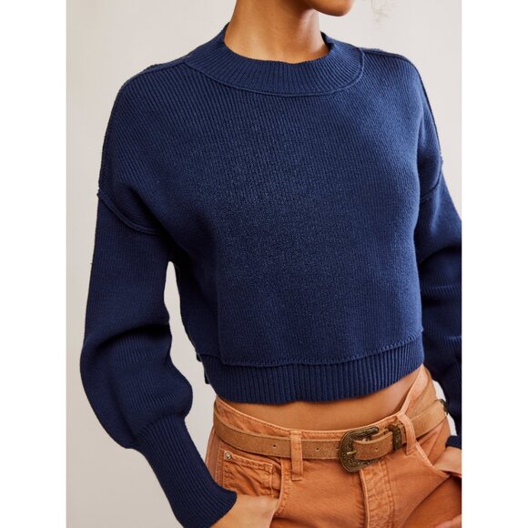FREE PEOPLE Easy Street Crop Pullover / Navy - Picture 4 of 6